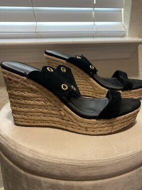 Charles by Charles David Wedge Espadrille Sandals Black Suede with Grommets Sz11